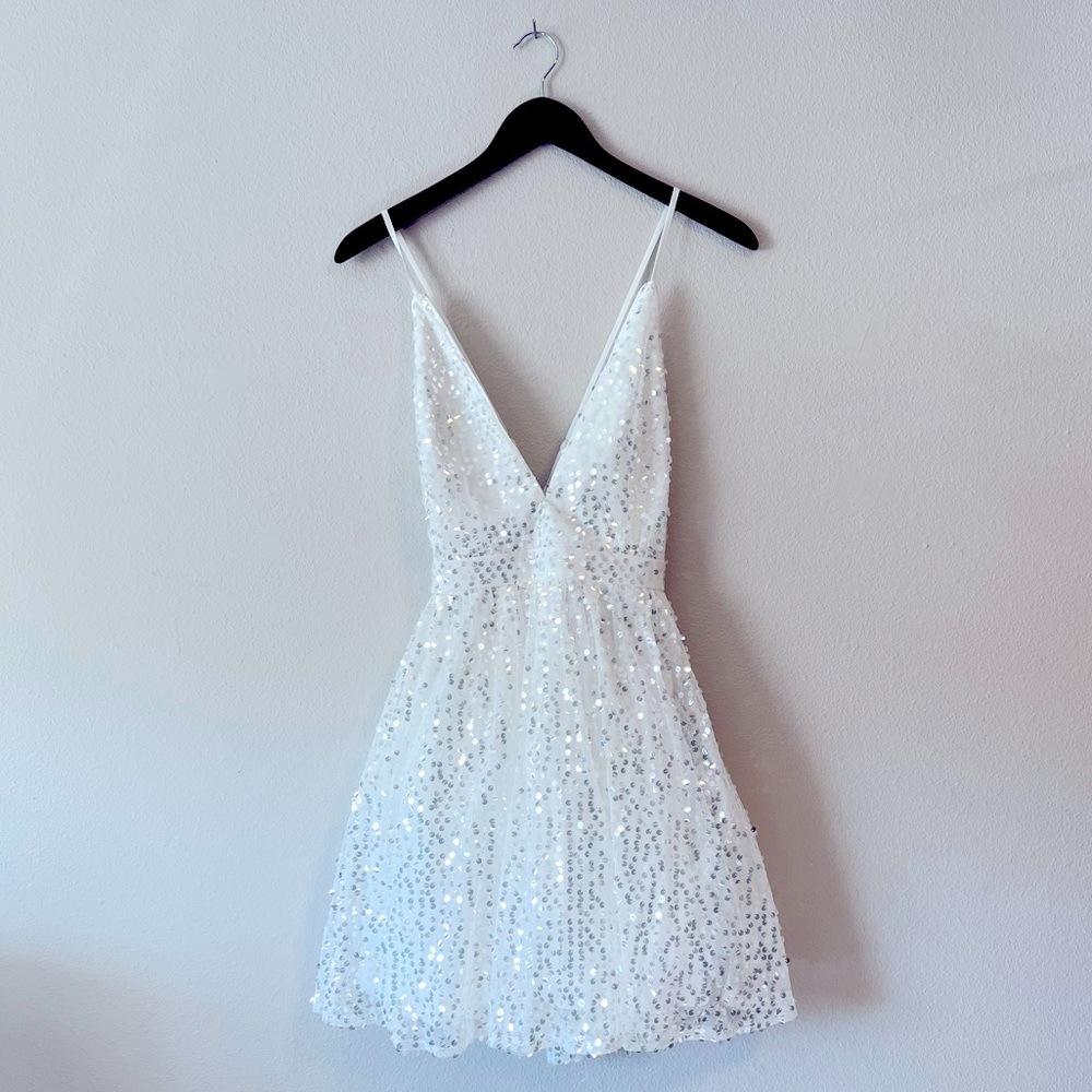 Lulus Late Night Soirée White Sequin Mini Skater Dress - Size M
